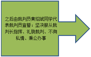 右箭头标注: 之后由裁判员黄绍斌同学代表裁判员宣誓：坚决服从裁判长指挥、礼貌裁判、不徇私情、秉公办事